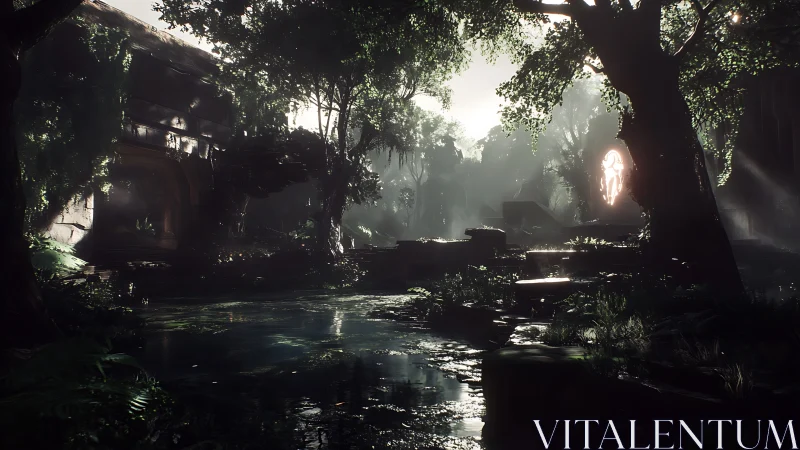 Mystical Temple Ruins Shrouded in Mist and Jungle