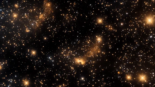 Golden star cluster glows across deep black cosmos.