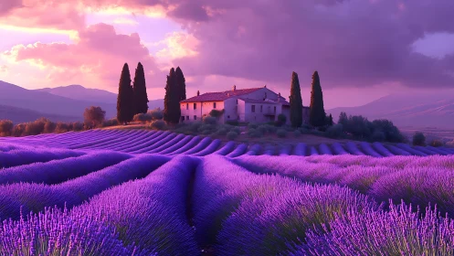 Sunset light sculpts lavender terraces around rustic farmhouse