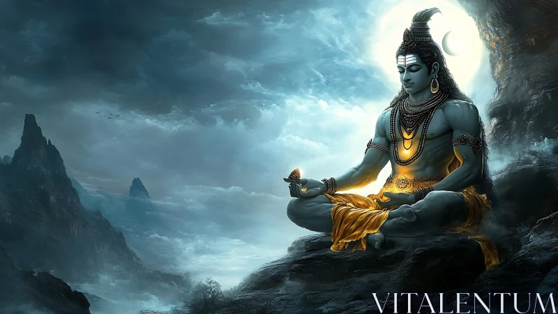 Serene blue deity meditating on mountain under moonlight.