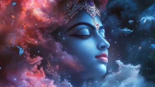 Cosmic blue deity portrait in luminous nebular clouds.