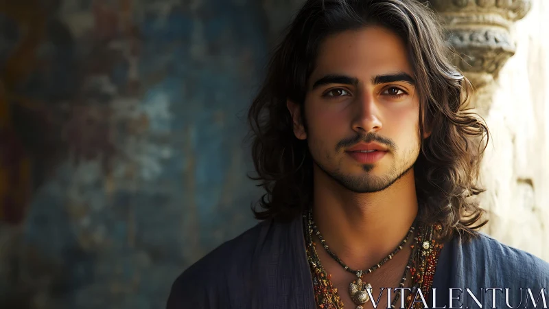 Portrait shows young man with long hair in shallow focus