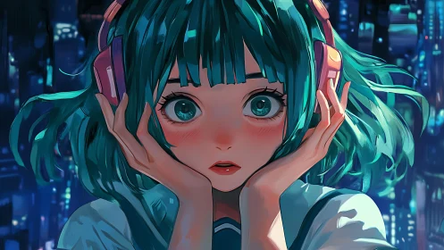 Neon city girl with teal hair and headphones in close-up.