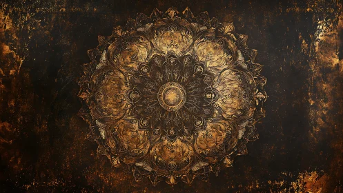 Golden mandala unfolds gently across a rustic dark sky