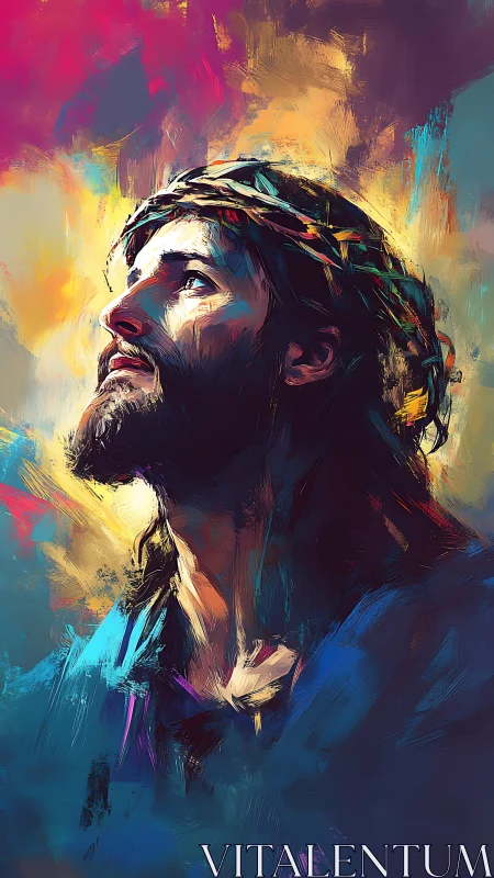 Luminous profile of crowned man in expressive brushwork.