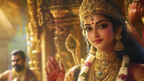 Radiant goddess portrait glows with golden temple warmth