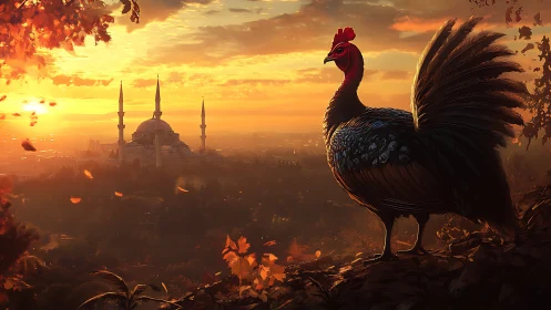 Peacock Overlooks Sunset Citadel in Golden Autumn Landscape