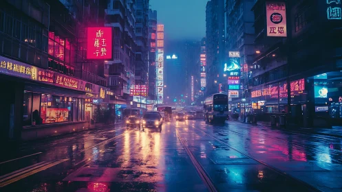 Neon rainstorm drapes a midnight city in liquid color.