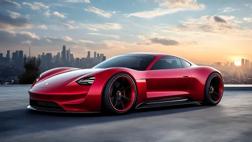 Sleek red electric supercar glows against a sunset skyline