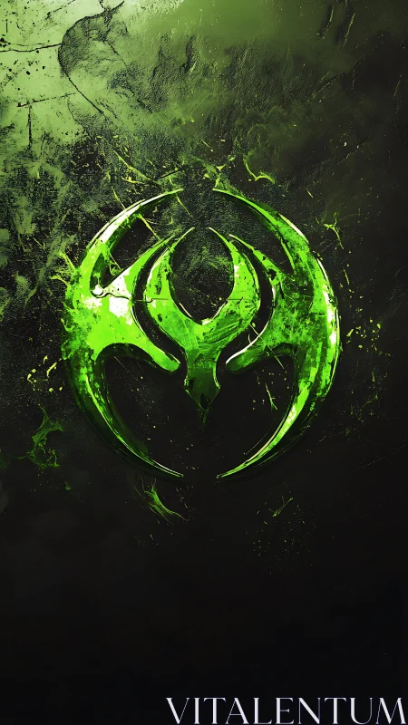 Neon green tribal biohazard emblem on dark textured wall.