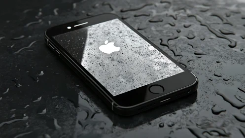 iPhone on Wet Surface Displays Apple Logo with Water Droplets
