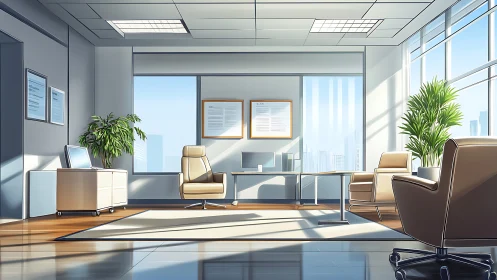 Modern corner executive office with bright natural light.