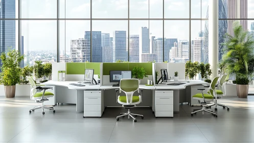 Modern Office Interior with City Skyline View.
