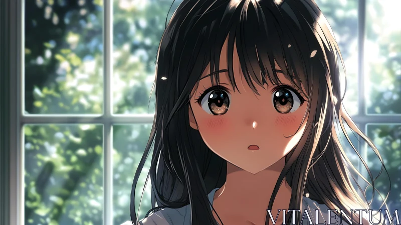 Young woman in anime style before sunlit window indoors.