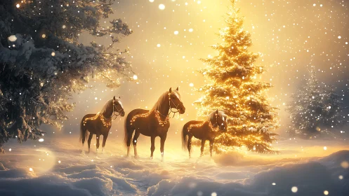 Horses with string lights near illuminated snow-covered tree.