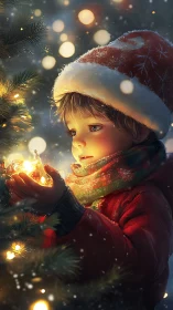 Child in winter coat holding glowing Christmas ornament.