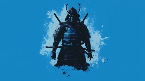Lone samurai silhouette on splattered azure field.