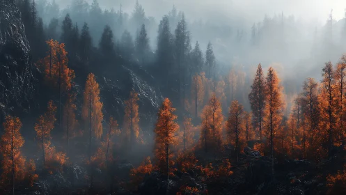 Fire-Scarred Forest Landscape Shrouded in Smoke and Mist.