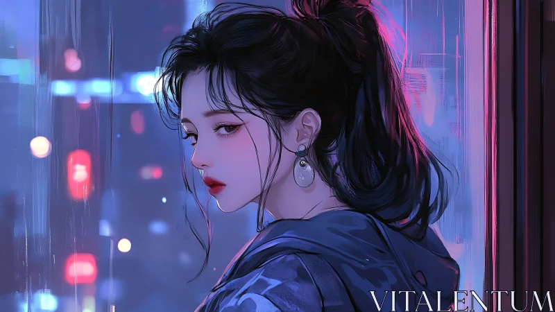 Woman with dark hair looks out window over neon city