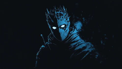 Nocturnal spectral swordsman in fragmented cyan silhouette.