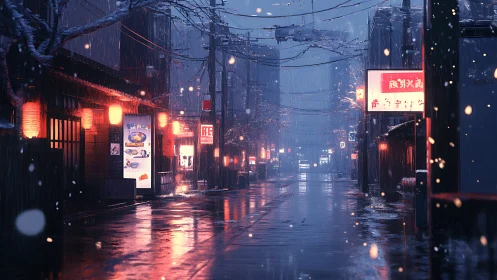 Neon-lit snowfall in cinematic urban alley perspective.