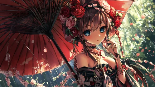 Anime girl under parasol with floral headdress and rim lighting