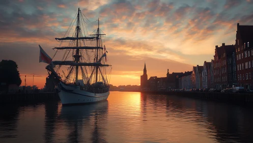 Tall ship rigging silhouetted against reflective harbor sunset.