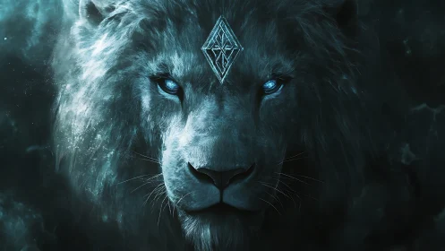 Mystic blue-eyed lion rendered in monochrome digital painting