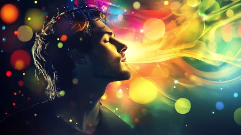 Profile portrait captures man exhaling vivid multicolored light