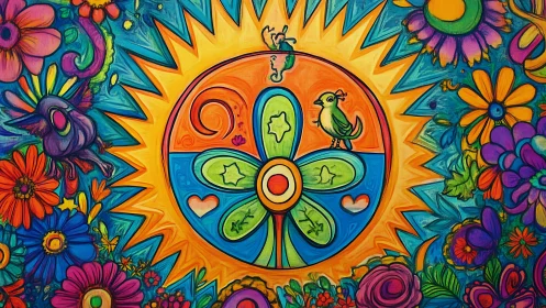 Radial floral mandala with birds in saturated psychedelic palette