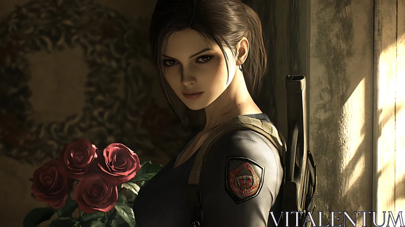 Guarded rosebearer in amber light, half warrior, half whisper.