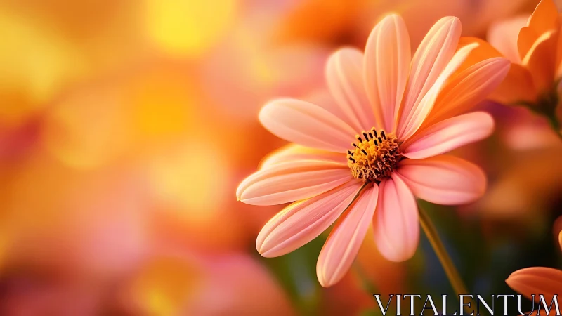 Coral Gerbera Daisy with Golden Stamen and Soft Bokeh Background.