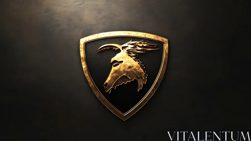 Textured gold goat emblem on shield under cinematic lighting.