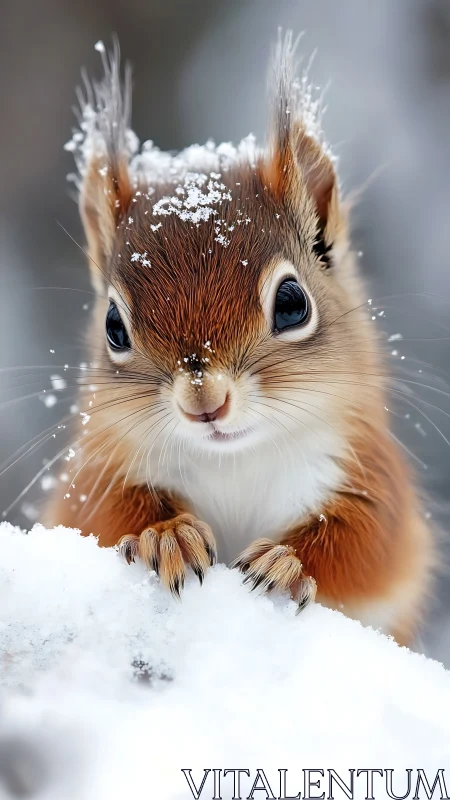 Snow-dusted red squirrel close-up in winter setting.