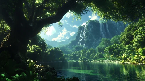 Emerald jungle hush cradles a crystal river beneath falls