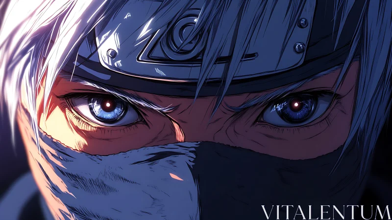 Intense masked ninja gaze under steel forehead protector.