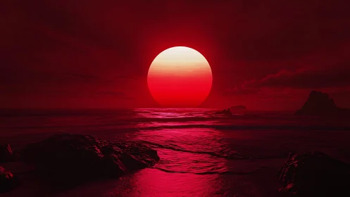 Glowing crimson sun setting over a quiet, dreamlike sea.