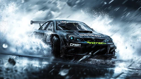 Racing car sliding on wet track with dynamic water spray.