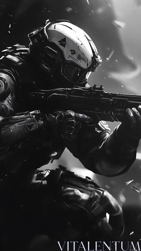 Armored space soldier aims rifle in stark monochrome combat