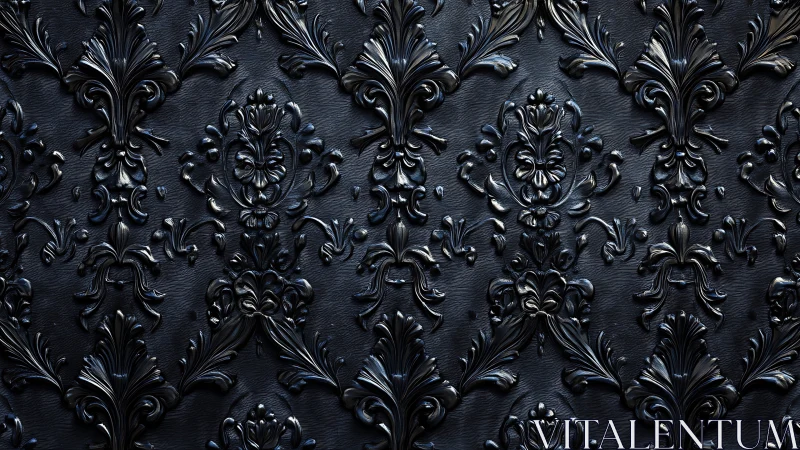 Baroque shadows glide across midnight embossed damask walls