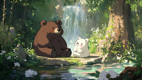 Cartoon bears share quiet moment beside forest waterfall
