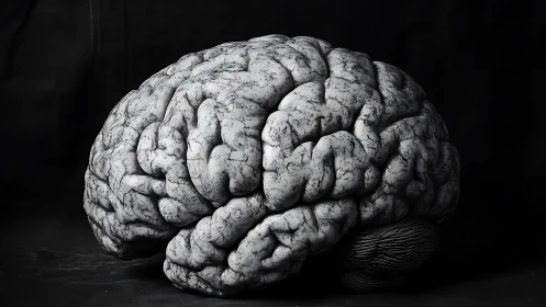 Large gray human brain model rests against a dark backdrop