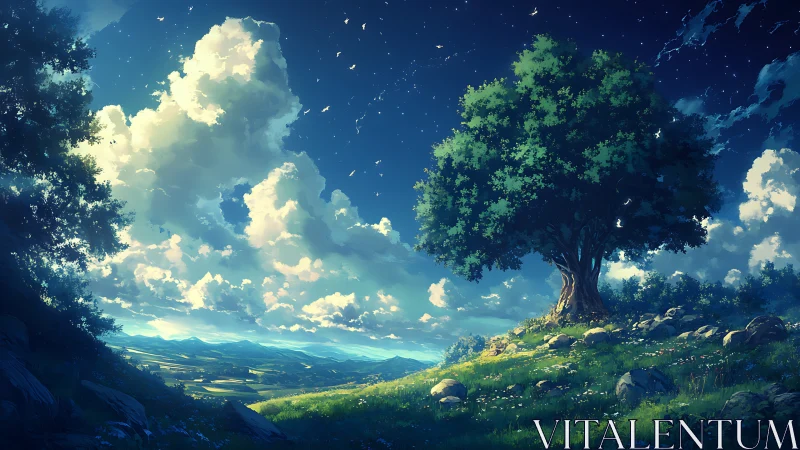 Lone hillside tree under luminous clouds and starlit sky.