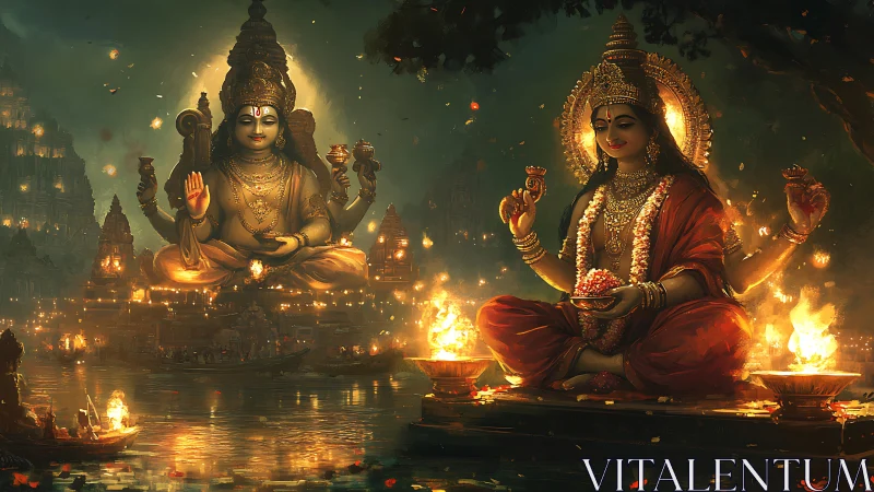 Divine multi-armed deity by river amid temple fires.