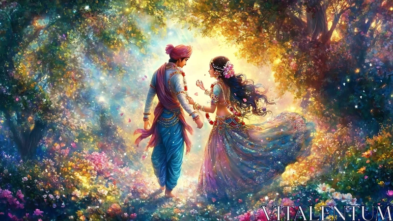 Radiant lovers share a dreamy walk through a glowing garden