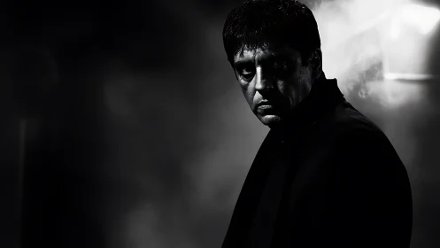 Brooding man in noir-style smoky low-key portrait.