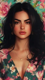 Floral muse with midnight hair in painterly spring bloom.