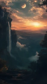 Moonlit waterfall cliffs over a dreamy misty valley.