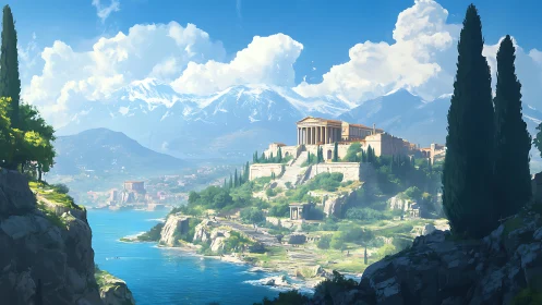Sunlit acropolis dreams above a sapphire coastal valley.