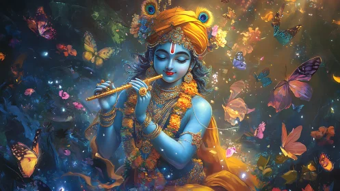 Divine blue flutist amid luminous butterflies and blooms.